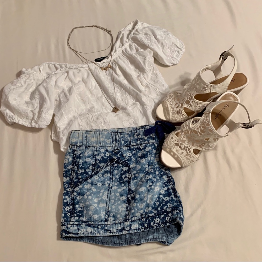Blue Flower Denim Shorts